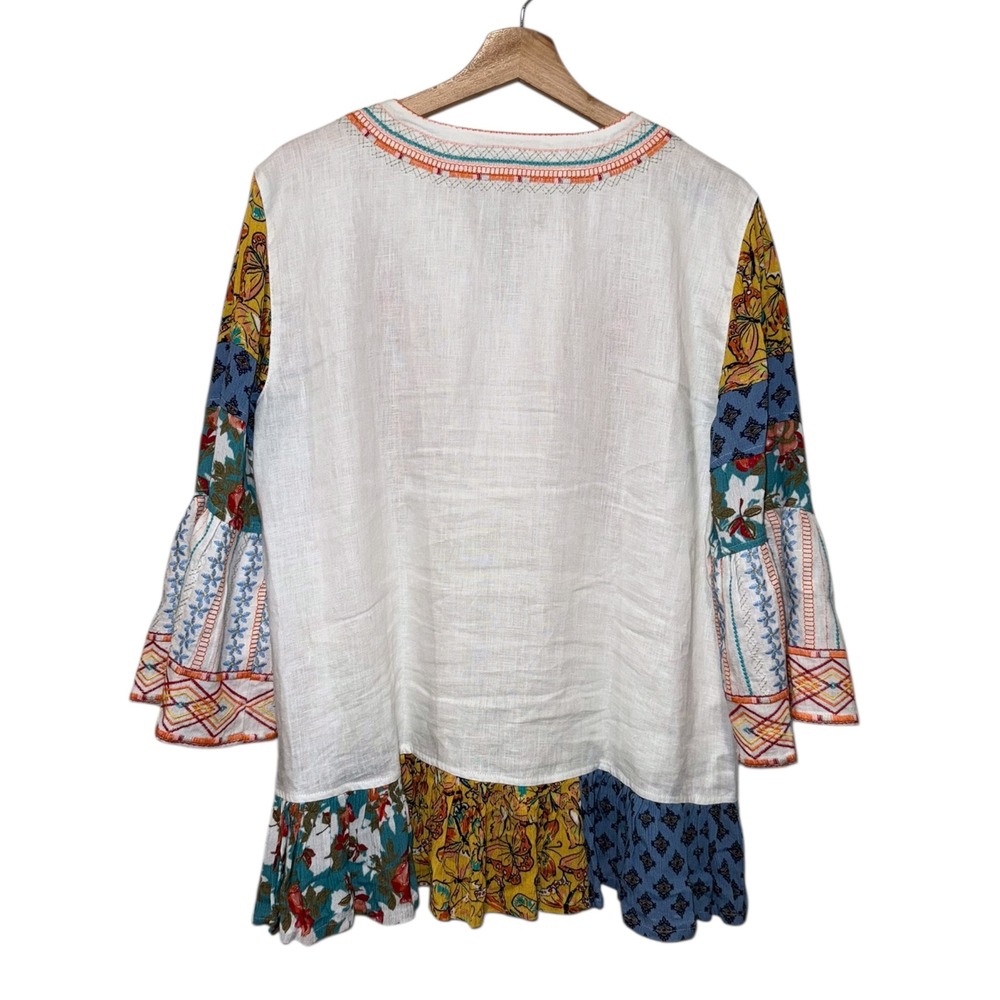 John Mark Floral Embroidered Patchwork Linen Top … - image 2